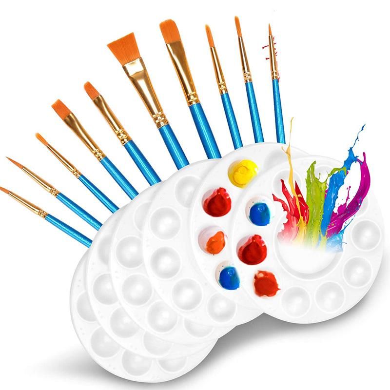 10 Pcs Paint Brushes Set with 6 Pcs Paint Palettes Trays Plastic for Kids DIY Craft Art Painting Round Pallets