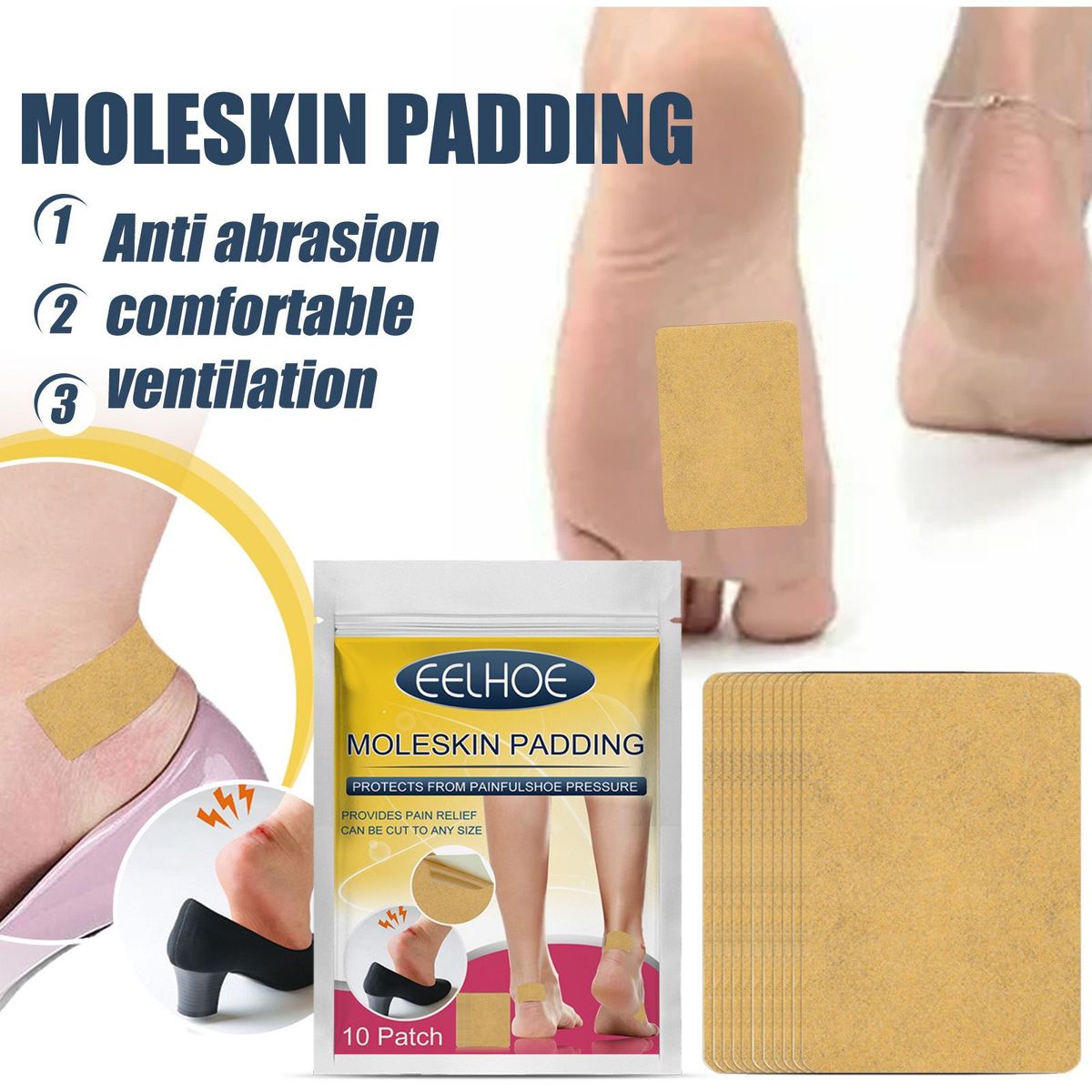 EELHOE 10 Patches Moleskin Heel Protection Patch Adhesive Tape Patches for Feet Toes Heel Care Patches
