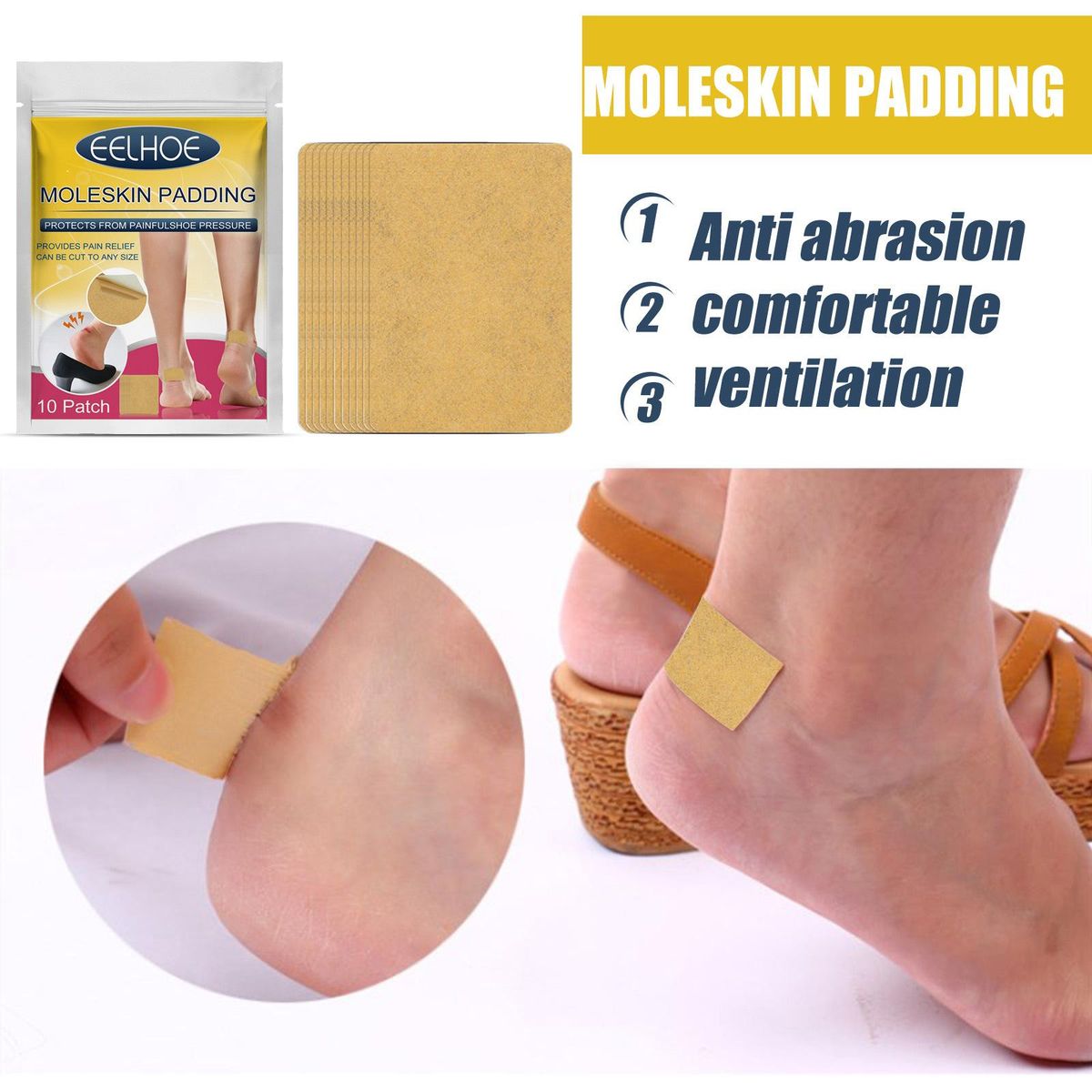 EELHOE 10 Patches Moleskin Heel Protection Patch Adhesive Tape Patches for Feet Toes Heel Care Patches