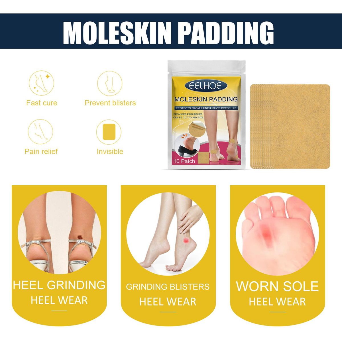 EELHOE 10 Patches Moleskin Heel Protection Patch Adhesive Tape Patches for Feet Toes Heel Care Patches