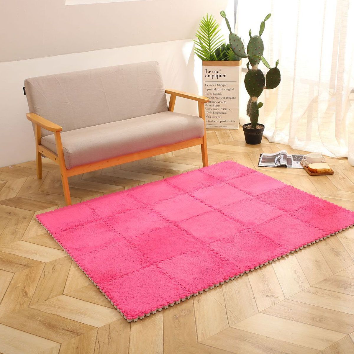 Carpet Bedroom Full Bedside Children's Plush Suede Foam Square Stitching Tatami Floor Mat Bay Window Cushion For Living Room Bedroom Study Kitchen Bathroom Balcony Rose Red