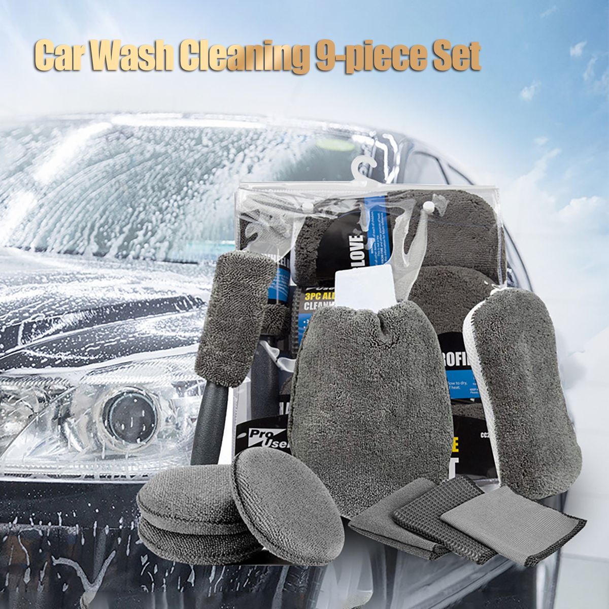 9PcsSet Car Cleaning Set Glove Waxing Pad Sponge A