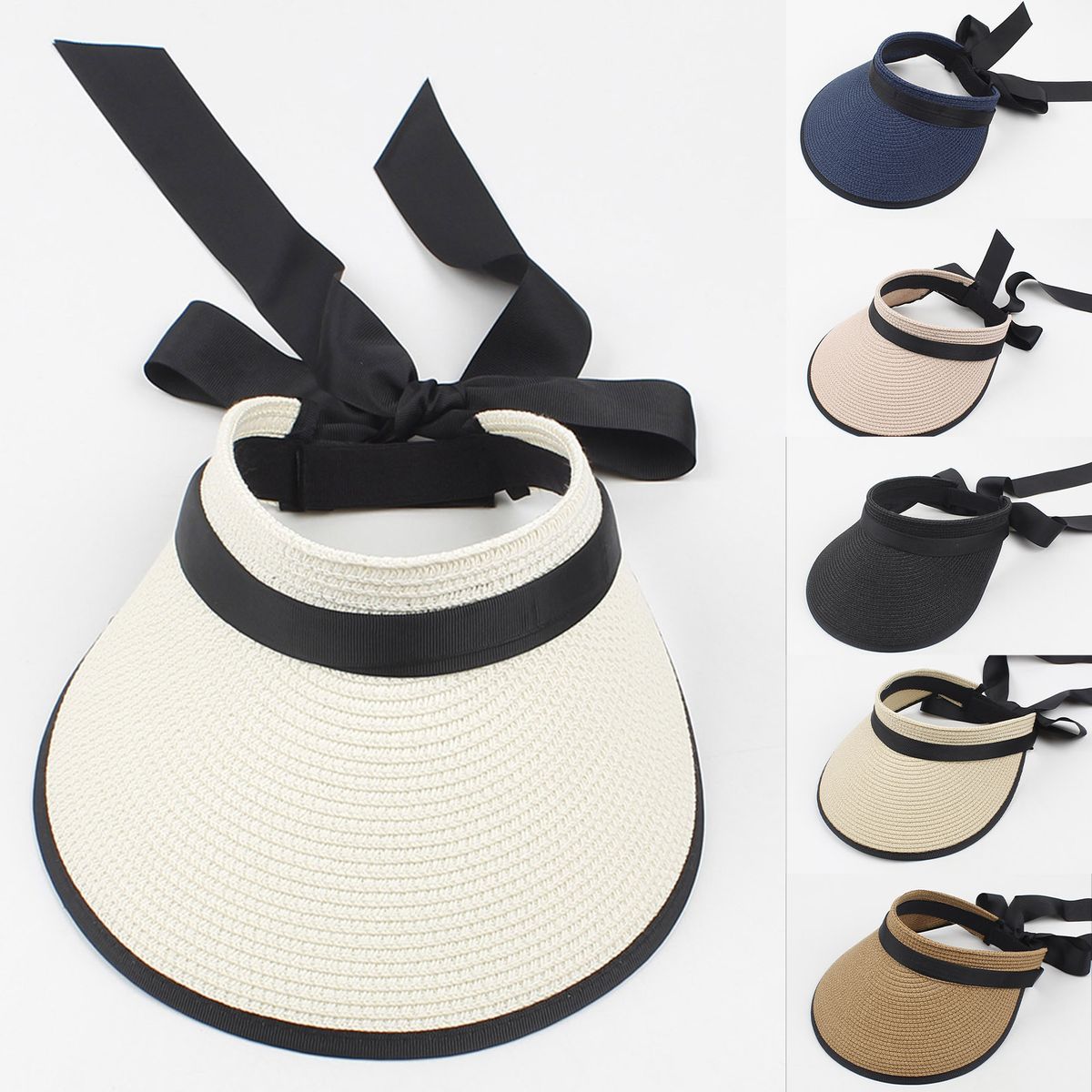 Women Sun Visor Hat Adjustable Wide Brim Bowknot Straw Hat