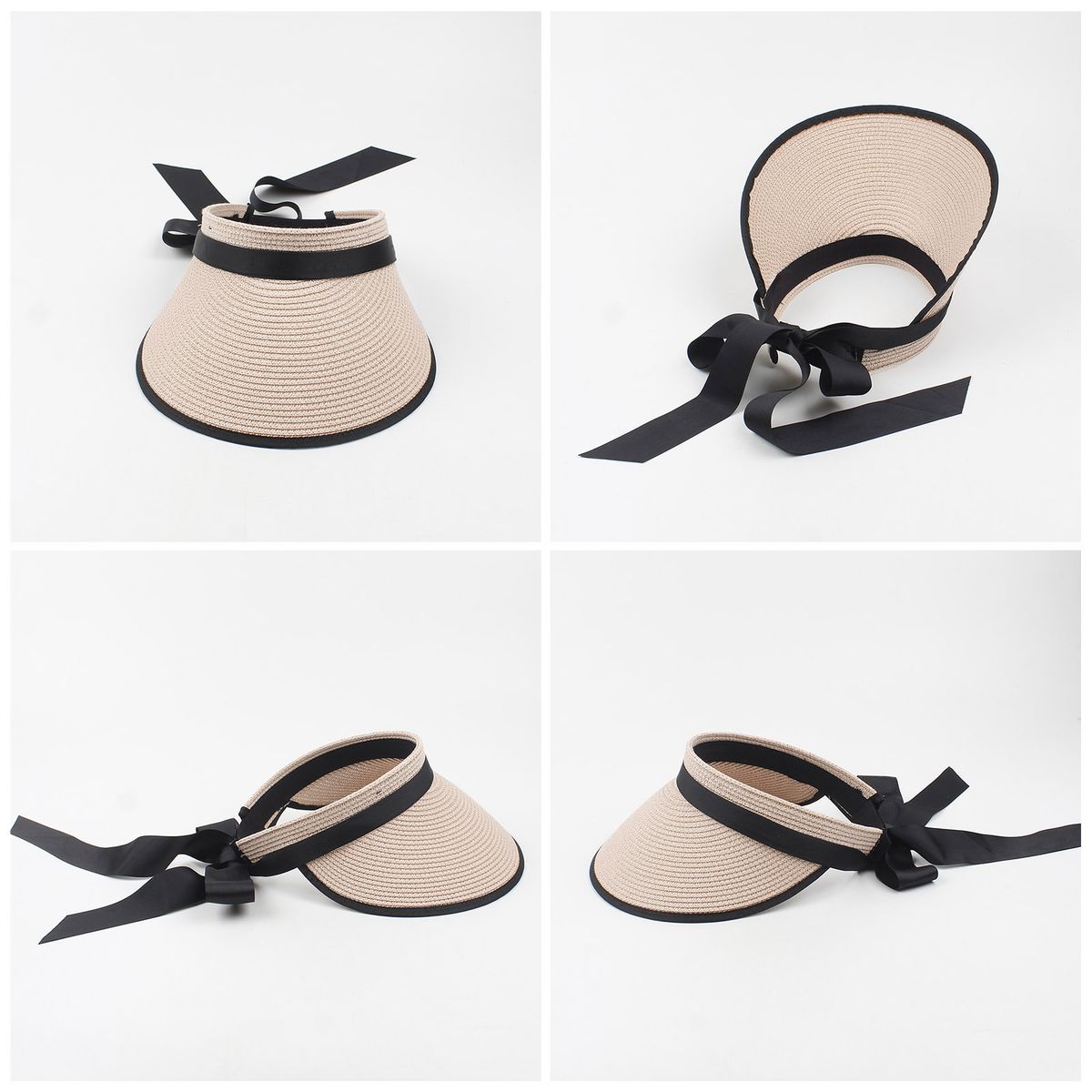 Women Sun Visor Hat Adjustable Wide Brim Bowknot Straw Hat