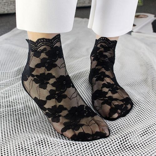 3 Pairs Women Black Breathable Lace Flower Hosiery Socks