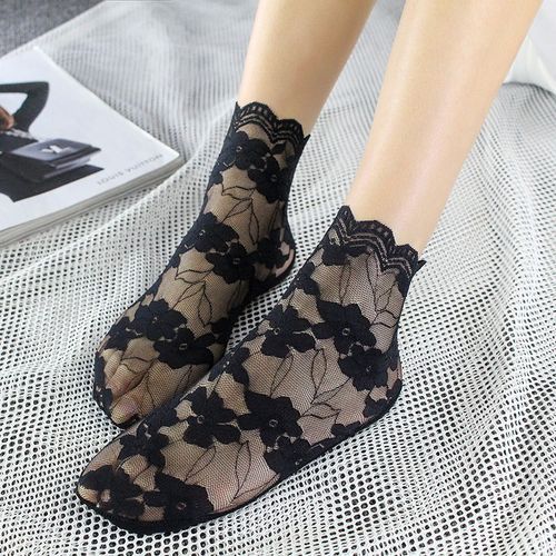 3 Pairs Women Black Breathable Lace Flower Hosiery Socks