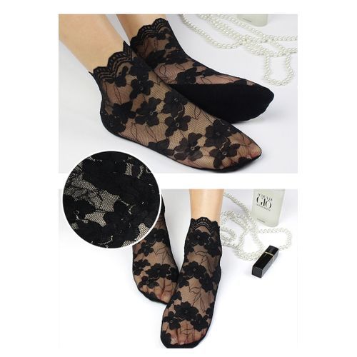 3 Pairs Women Black Breathable Lace Flower Hosiery Socks