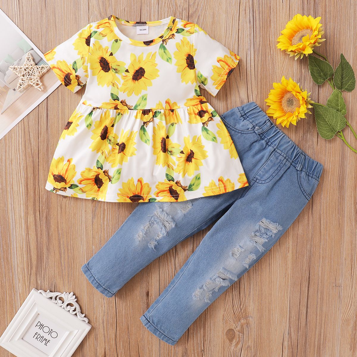1-6Y Kid Girls Outfit Sunflower Short Sleeves White Shirt With Ripped Jeans