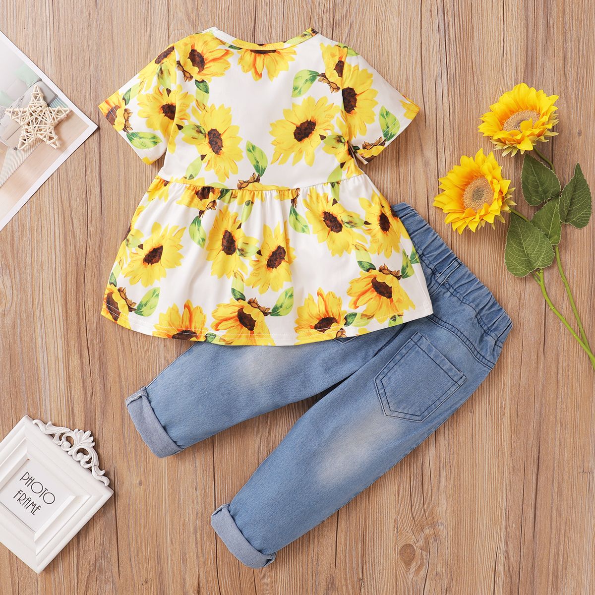 1-6Y Kid Girls Outfit Sunflower Short Sleeves White Shirt With Ripped Jeans
