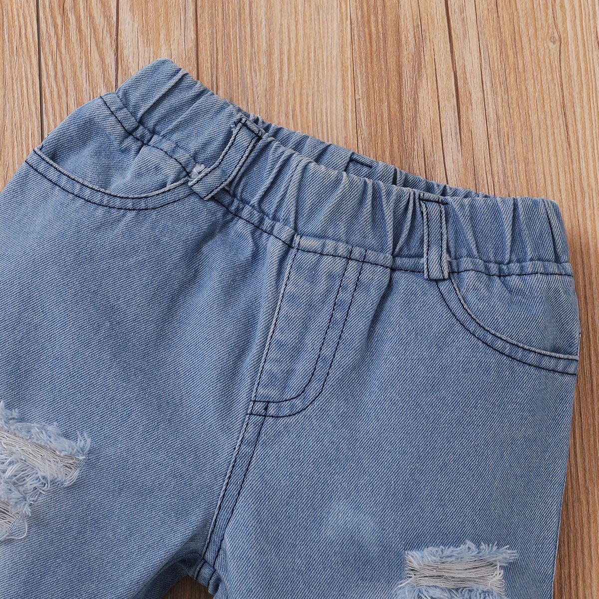 1-6Y Kid Girls Outfit Sunflower Short Sleeves White Shirt With Ripped Jeans