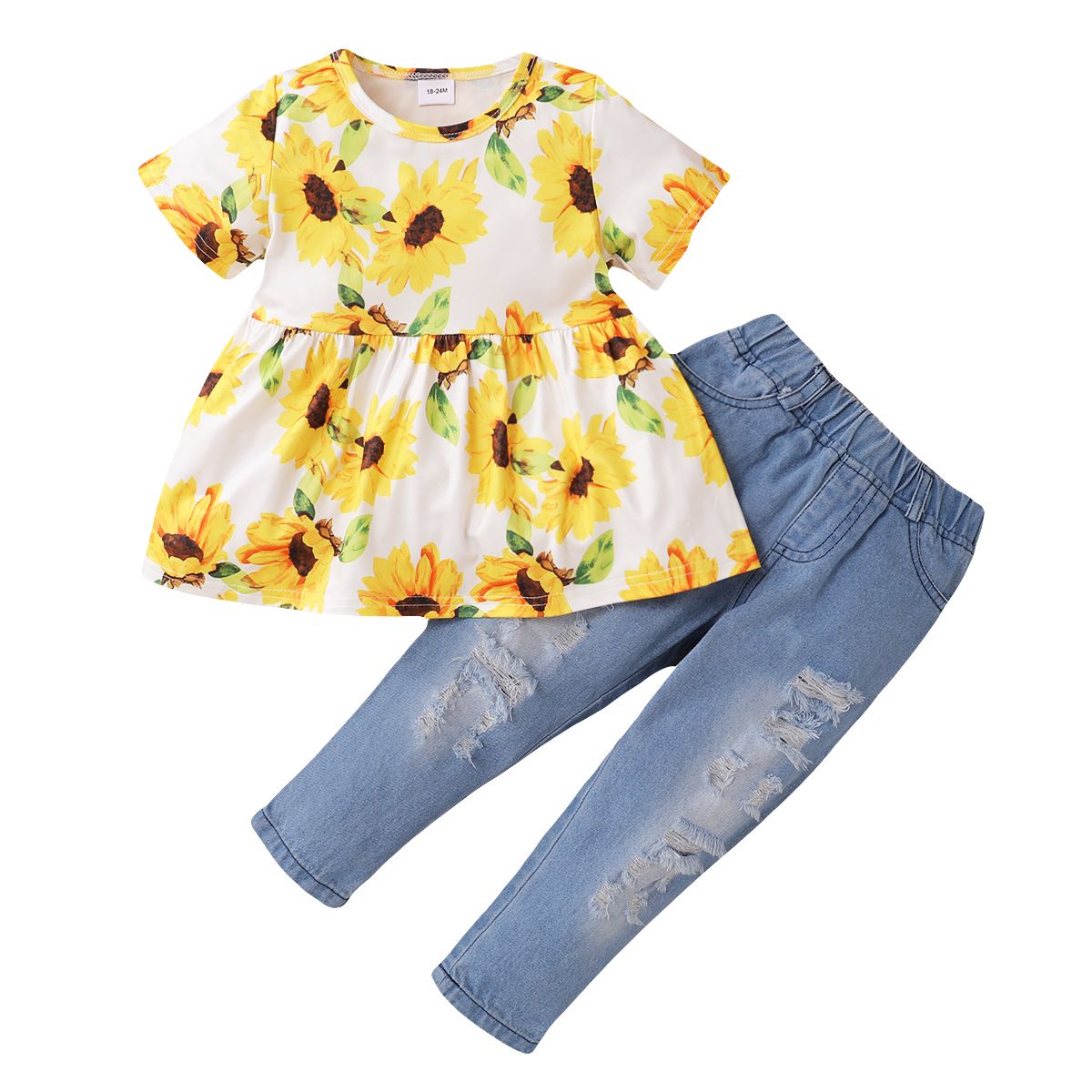 1-6Y Kid Girls Outfit Sunflower Short Sleeves White Shirt With Ripped Jeans