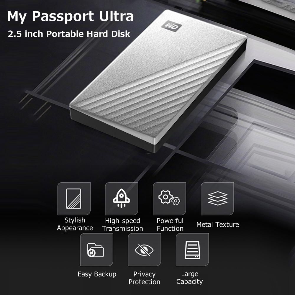WD My Passport Ultra 2.5 inch Mobile Hard Disk Type-C Interface Metal Texture Built-in 256-bit AES Hardware Encryption 4TB Silver