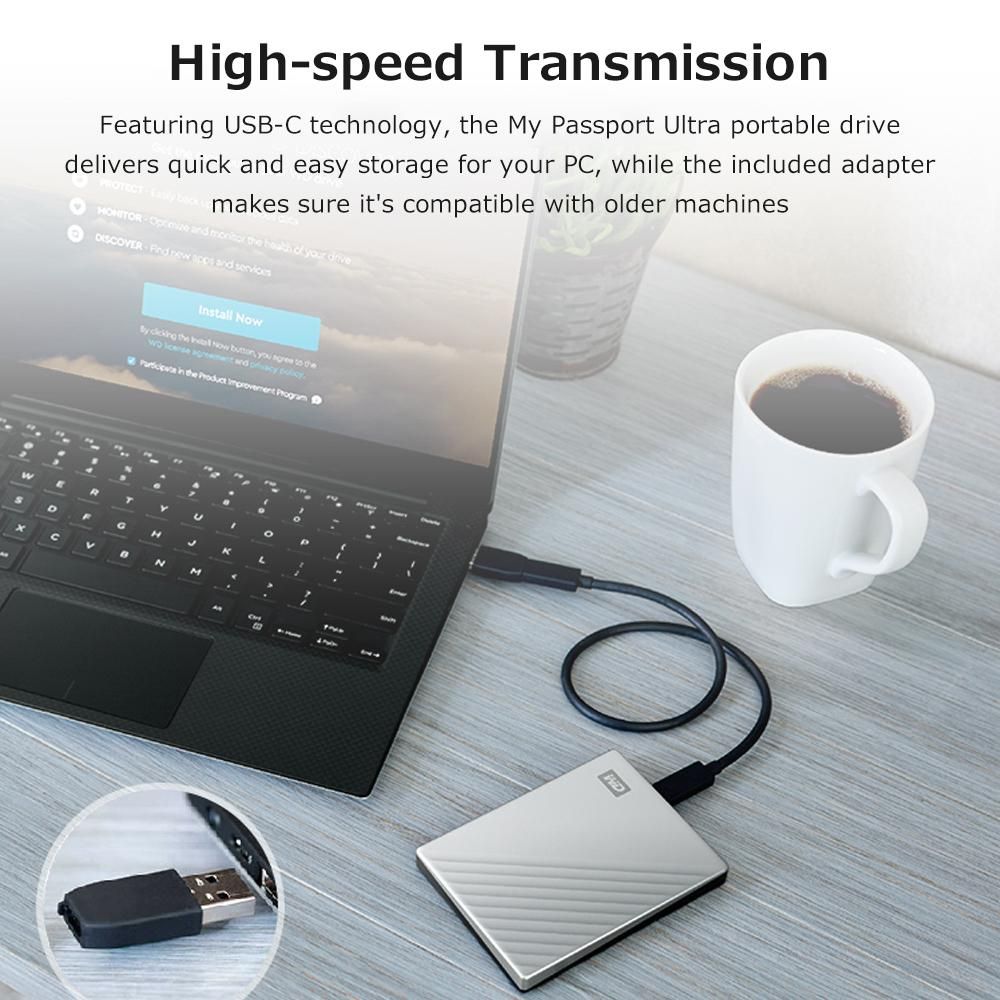 WD My Passport Ultra 2.5 inch Mobile Hard Disk Type-C Interface Metal Texture Built-in 256-bit AES Hardware Encryption 4TB Silver