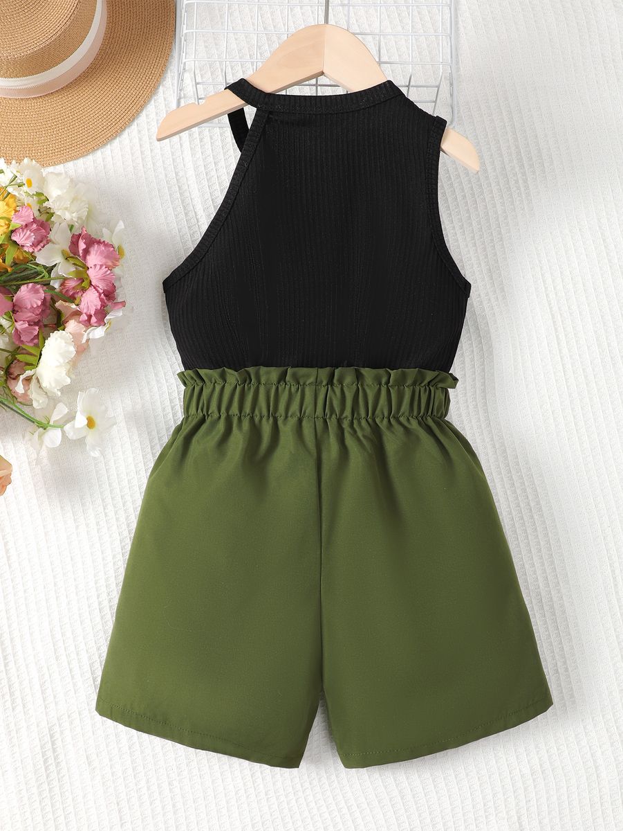 Girls Fashion Pop Black Sleeveless Top Army Green Shorts Set