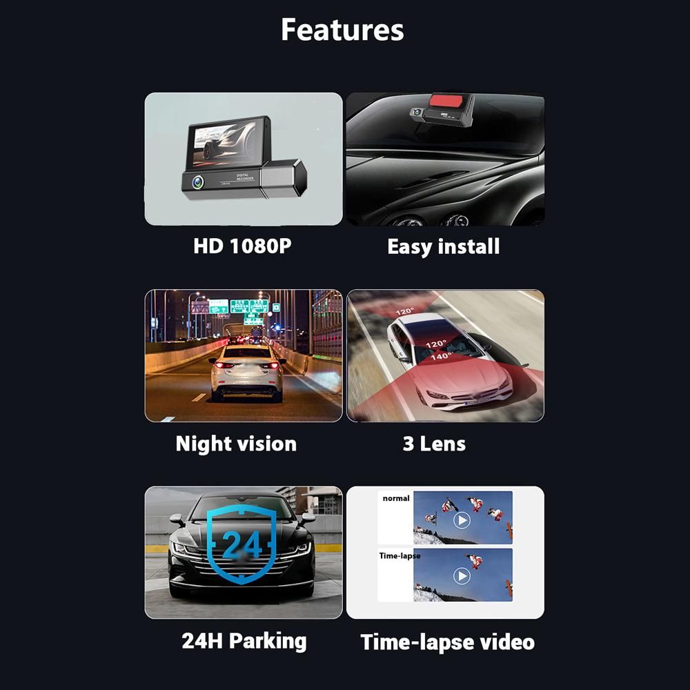 3 Cameras Dash Cam 4in Clear Car Rearview Mirror Car Video Recording Camcorder Car Camera Recorder Auto Safety Driving Recorder