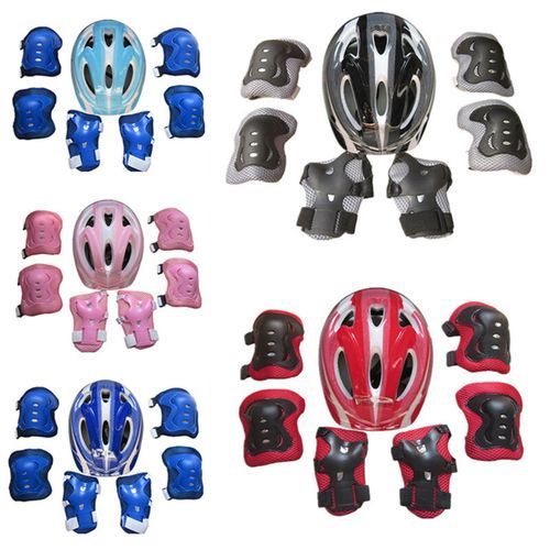 7Pcs/set Kids Boy Girl Safety Helmet Knee Elbow Pad Sets Children Cycling Skate Bicycle Helmet Protection Safety Guard(#2 Striped Blue)