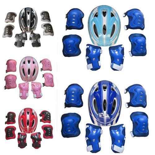 7Pcs/set Kids Boy Girl Safety Helmet Knee Elbow Pad Sets Children Cycling Skate Bicycle Helmet Protection Safety Guard(#2 Striped Blue)