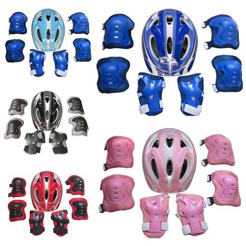 7Pcs/set Kids Boy Girl Safety Helmet Knee Elbow Pad Sets Children Cycling Skate Bicycle Helmet Protection Safety Guard(#2 Striped Blue)