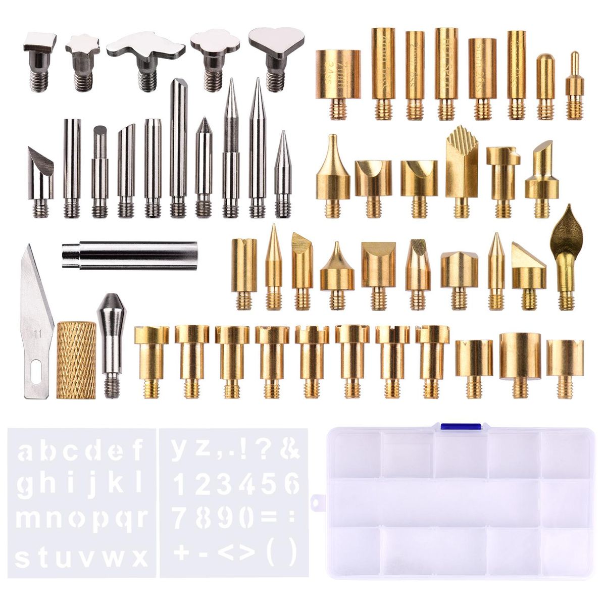 57pcs Wood Burning Pen Tips Set Woodburning Tool Accessories with Stencils Transparent Box for Pyrography Pen Wood Embossing Carving DIY Crafts