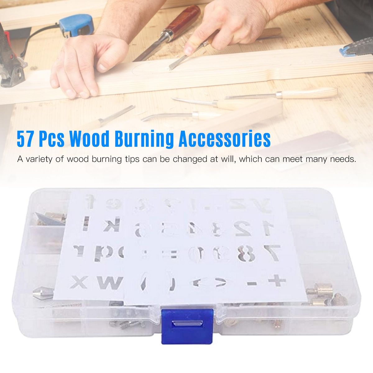 57pcs Wood Burning Pen Tips Set Woodburning Tool Accessories with Stencils Transparent Box for Pyrography Pen Wood Embossing Carving DIY Crafts