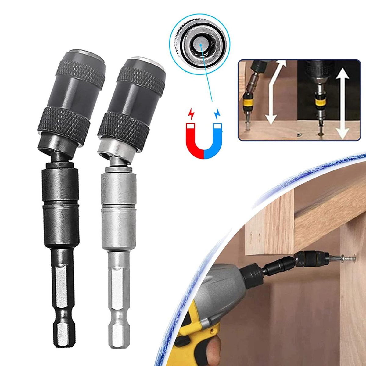 4PCS Magnetic Drill Head Bracket Magnetic Pivot Drill Head BracketBent 0-20° and the Rod Head Rotated 360 °