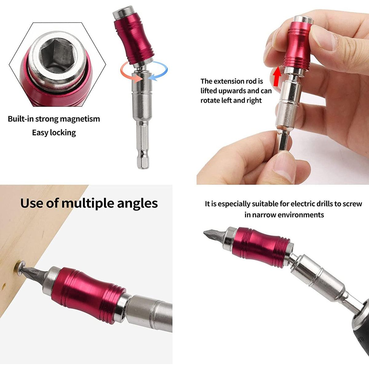 4PCS Magnetic Drill Head Bracket Magnetic Pivot Drill Head BracketBent 0-20° and the Rod Head Rotated 360 °