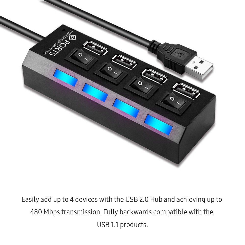 4-Port USB 2.0 Hub With Individual LED Lit Power Switches