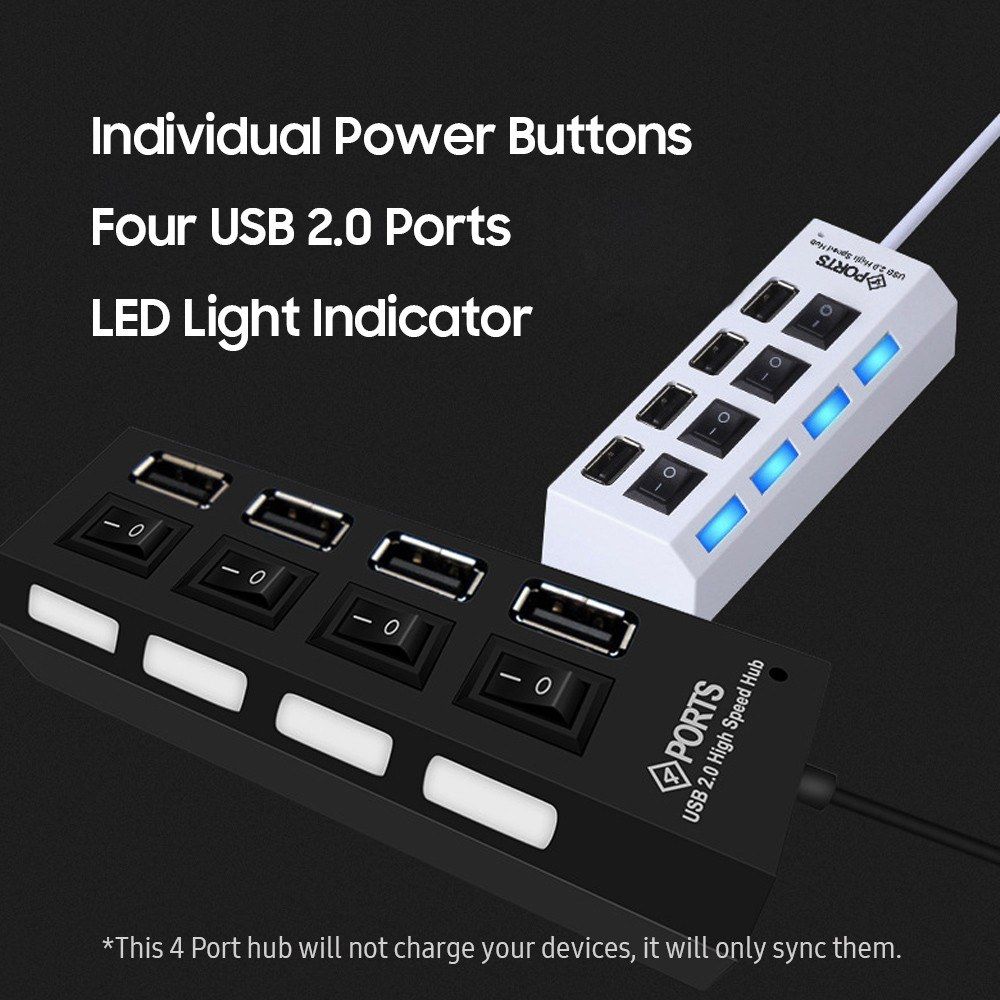 4-Port USB 2.0 Hub With Individual LED Lit Power Switches