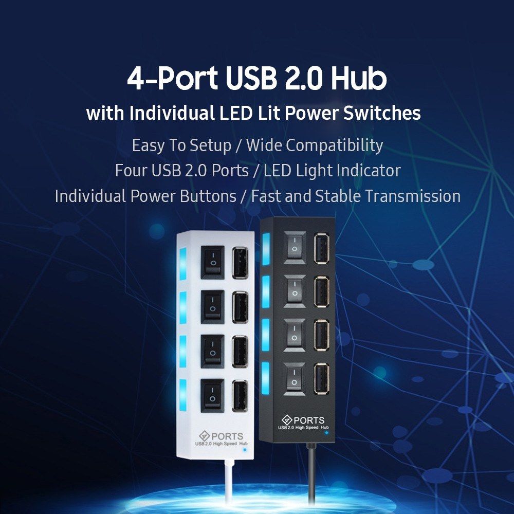 4-Port USB 2.0 Hub With Individual LED Lit Power Switches