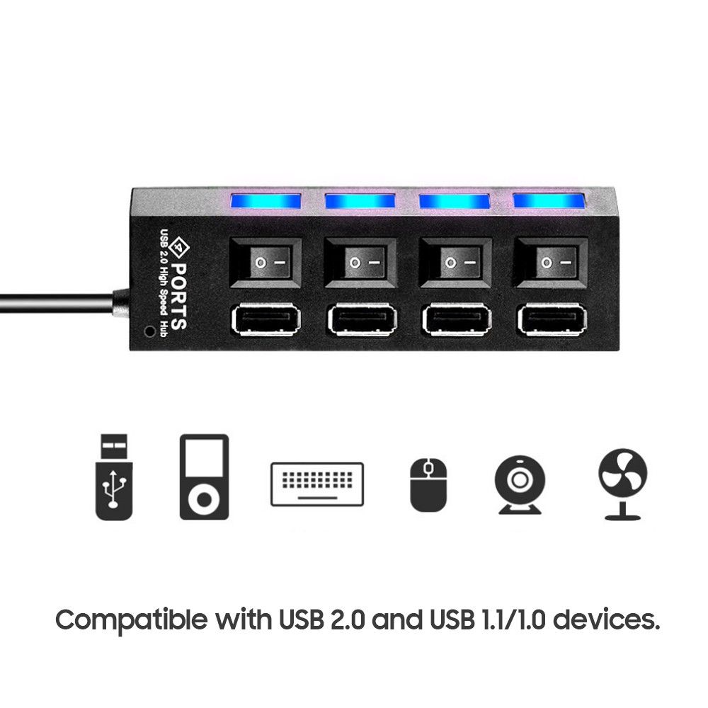 4-Port USB 2.0 Hub With Individual LED Lit Power Switches