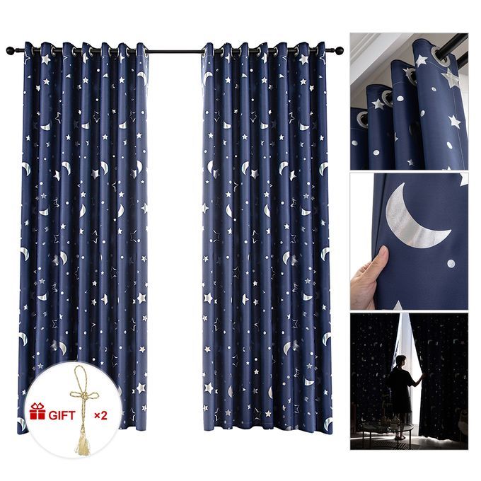 2pcs Window Curtain With Hot Silver Star Moon Full Blackout