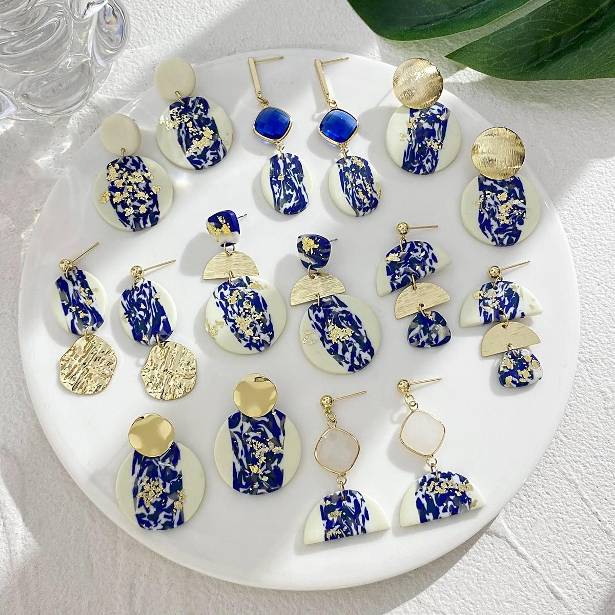 AENSOA Blue and White Porcelain Polymer Clay Drop Earrings for Women Gold Color Foil Geometric Round Earrings Ethnic Jewelry