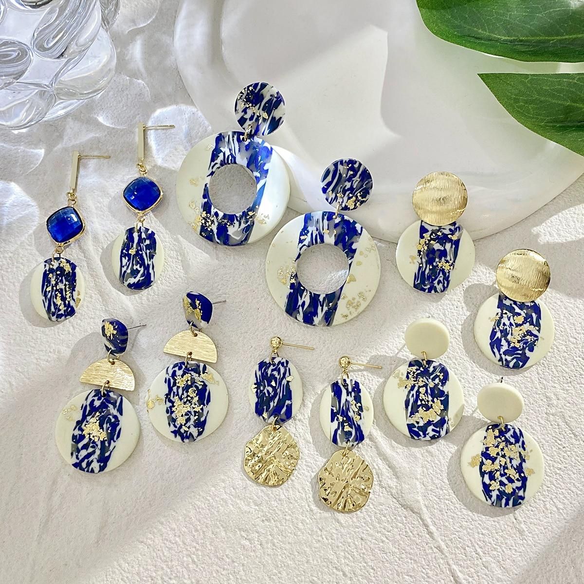 AENSOA Blue and White Porcelain Polymer Clay Drop Earrings for Women Gold Color Foil Geometric Round Earrings Ethnic Jewelry