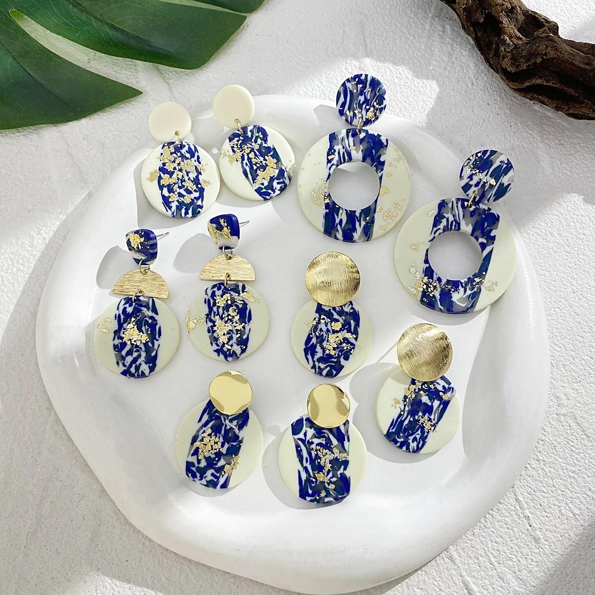AENSOA Blue and White Porcelain Polymer Clay Drop Earrings for Women Gold Color Foil Geometric Round Earrings Ethnic Jewelry