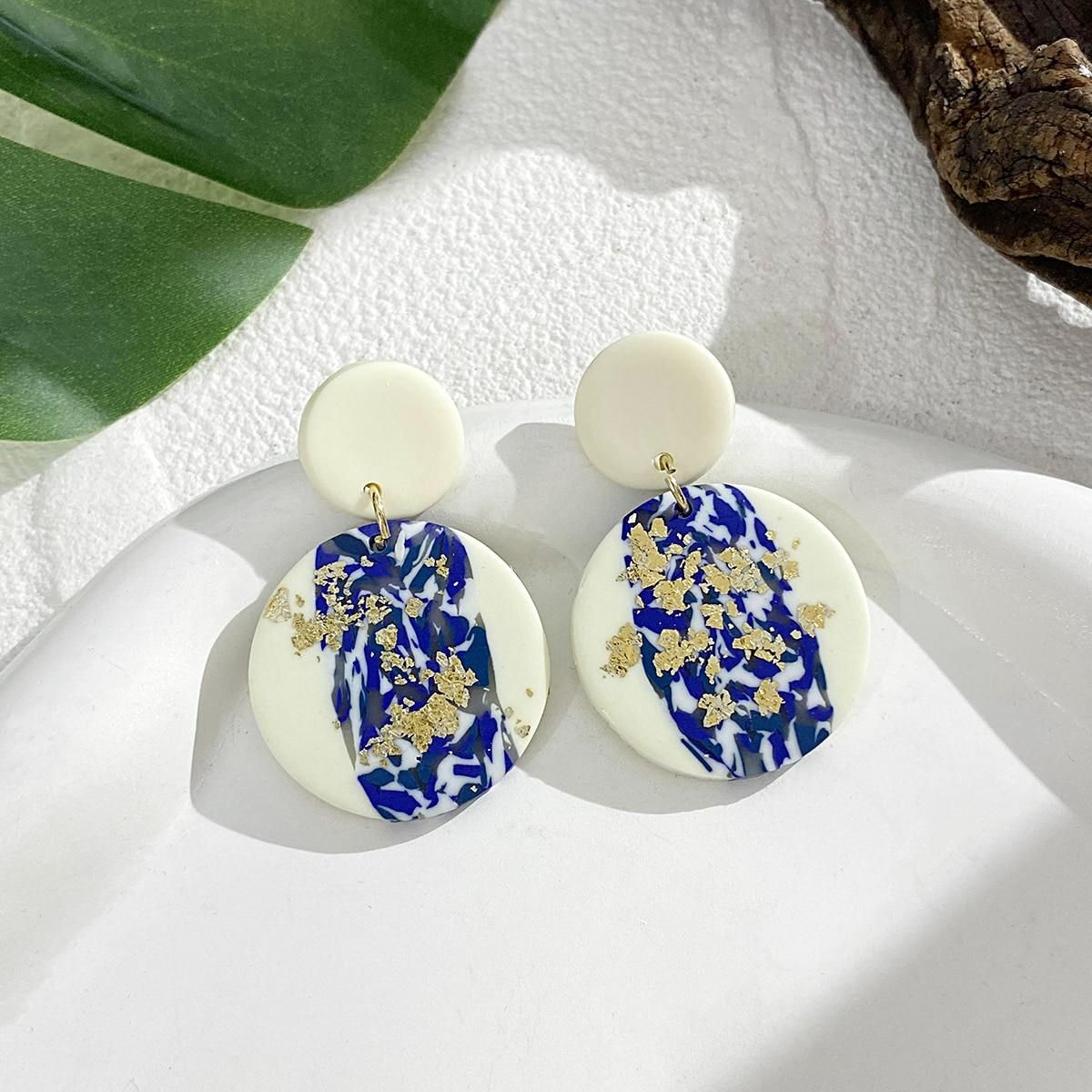 AENSOA Blue and White Porcelain Polymer Clay Drop Earrings for Women Gold Color Foil Geometric Round Earrings Ethnic Jewelry