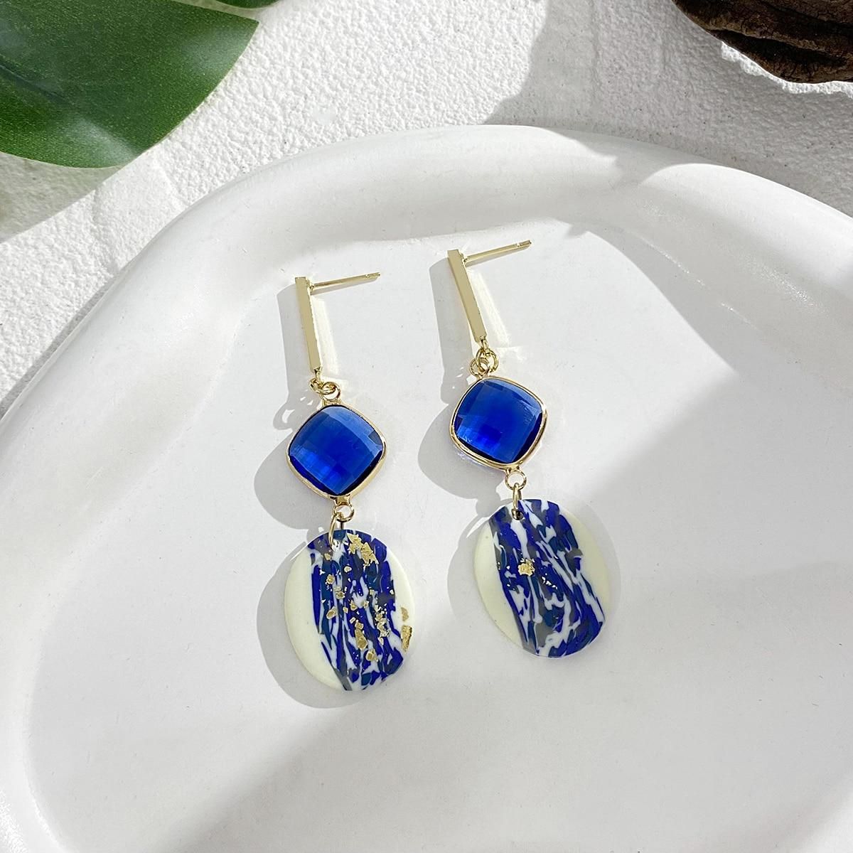 AENSOA Blue and White Porcelain Polymer Clay Drop Earrings for Women Gold Color Foil Geometric Round Earrings Ethnic Jewelry