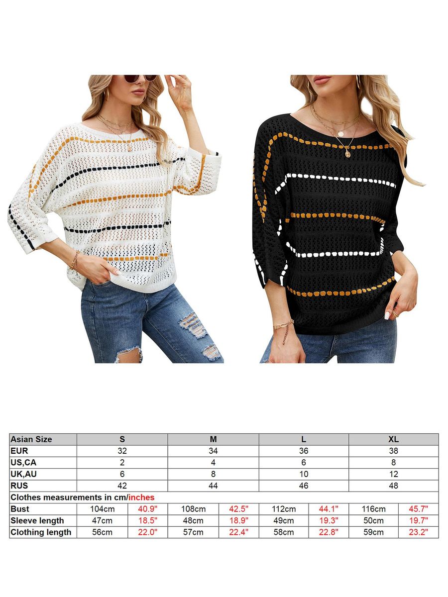 Women Knitted Pullovers Striped Hollow out 3/4 Sleeve Boho Casual Knitted Sweaters