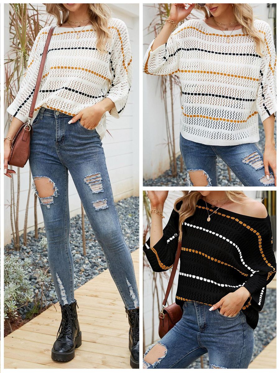 Women Knitted Pullovers Striped Hollow out 3/4 Sleeve Boho Casual Knitted Sweaters