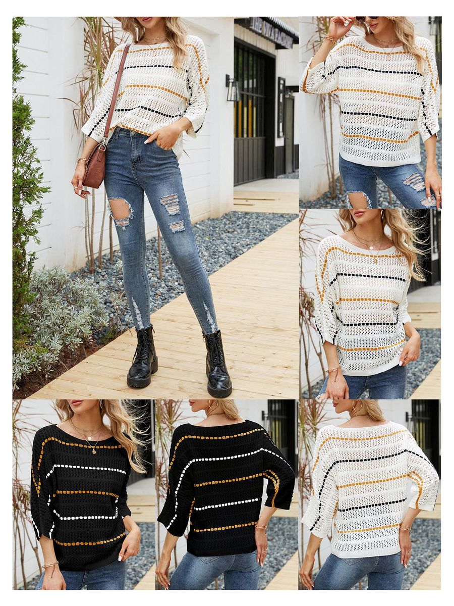 Women Knitted Pullovers Striped Hollow out 3/4 Sleeve Boho Casual Knitted Sweaters