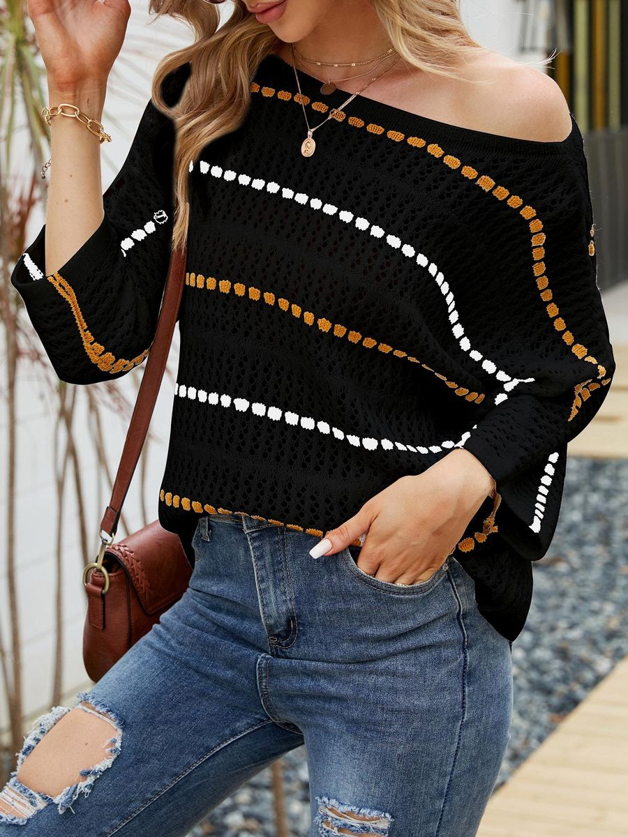 Women Knitted Pullovers Striped Hollow out 3/4 Sleeve Boho Casual Knitted Sweaters