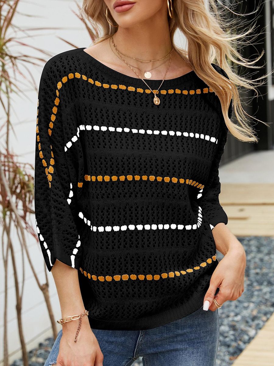 Women Knitted Pullovers Striped Hollow out 3/4 Sleeve Boho Casual Knitted Sweaters