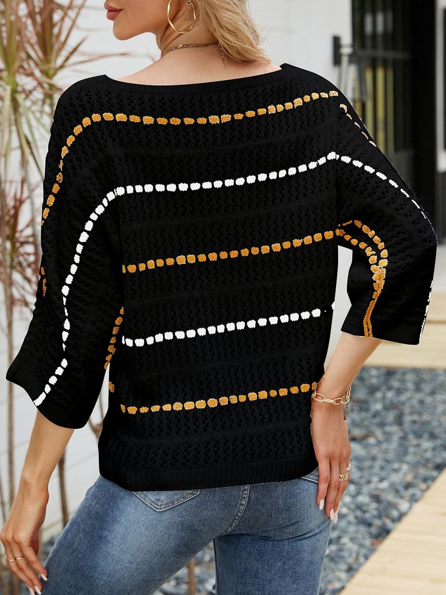 Women Knitted Pullovers Striped Hollow out 3/4 Sleeve Boho Casual Knitted Sweaters