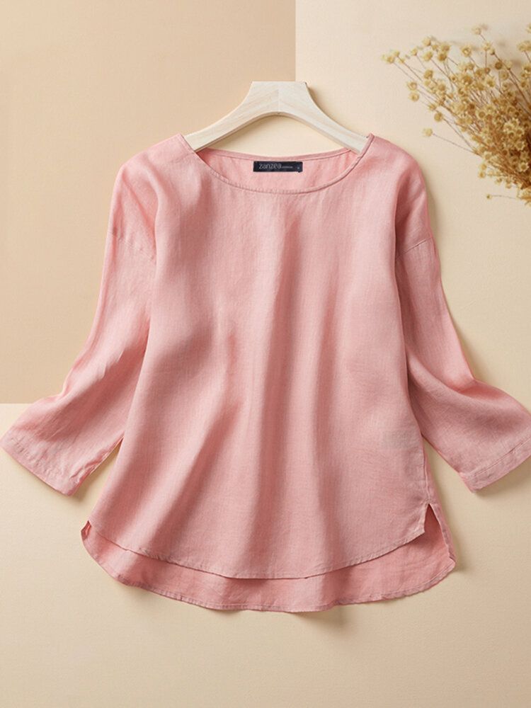 Cotton Solid Round Neck Long Sleeve Split Casual Blouse-Army Green