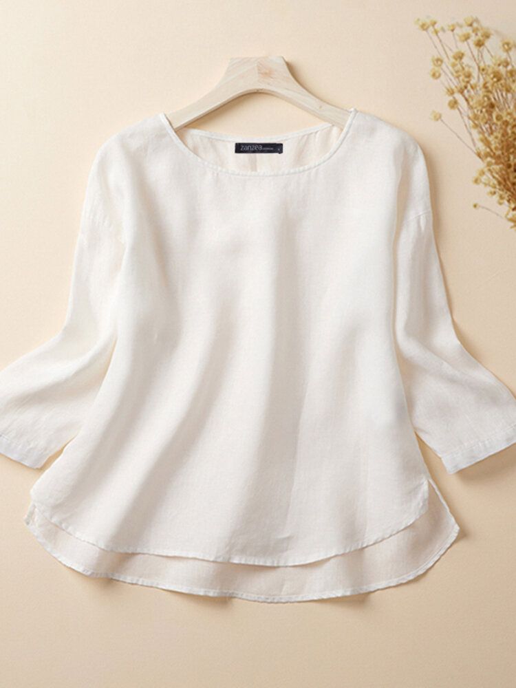Cotton Solid Round Neck Long Sleeve Split Casual Blouse-Army Green