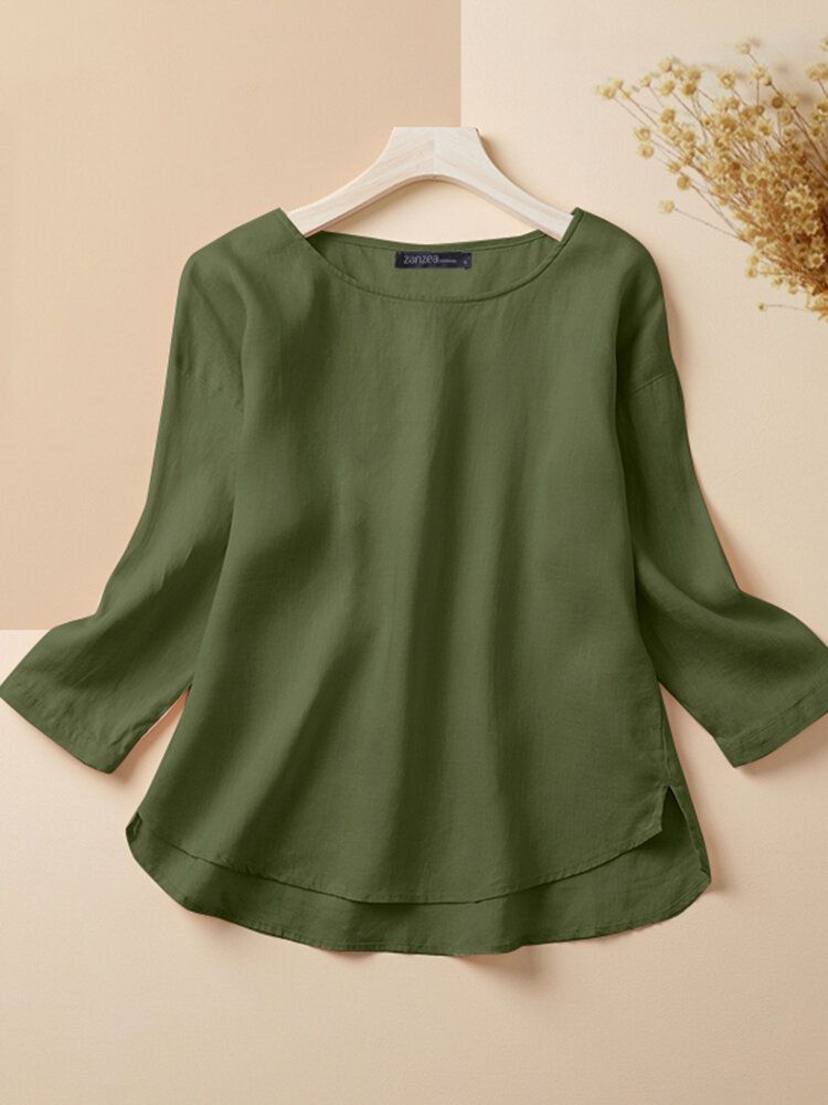 Cotton Solid Round Neck Long Sleeve Split Casual Blouse-Army Green
