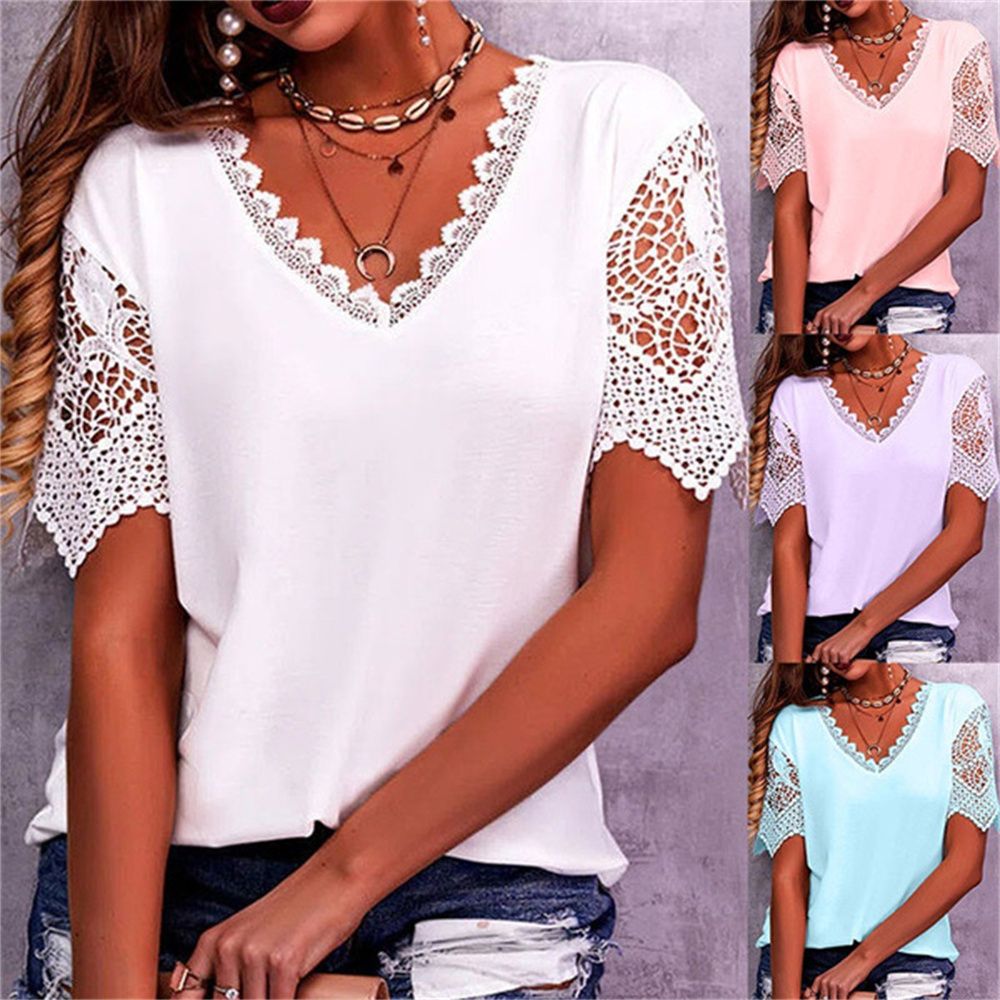 V-neck Short Sleeve T-shirt Women's Fashion Casual Solid Color Top
