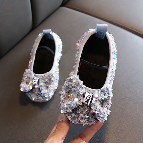 Girls' Single Leather Flat Children's Bow Sequin Soft Sole Princess Shoes Grey