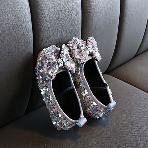 Girls' Single Leather Flat Children's Bow Sequin Soft Sole Princess Shoes Grey