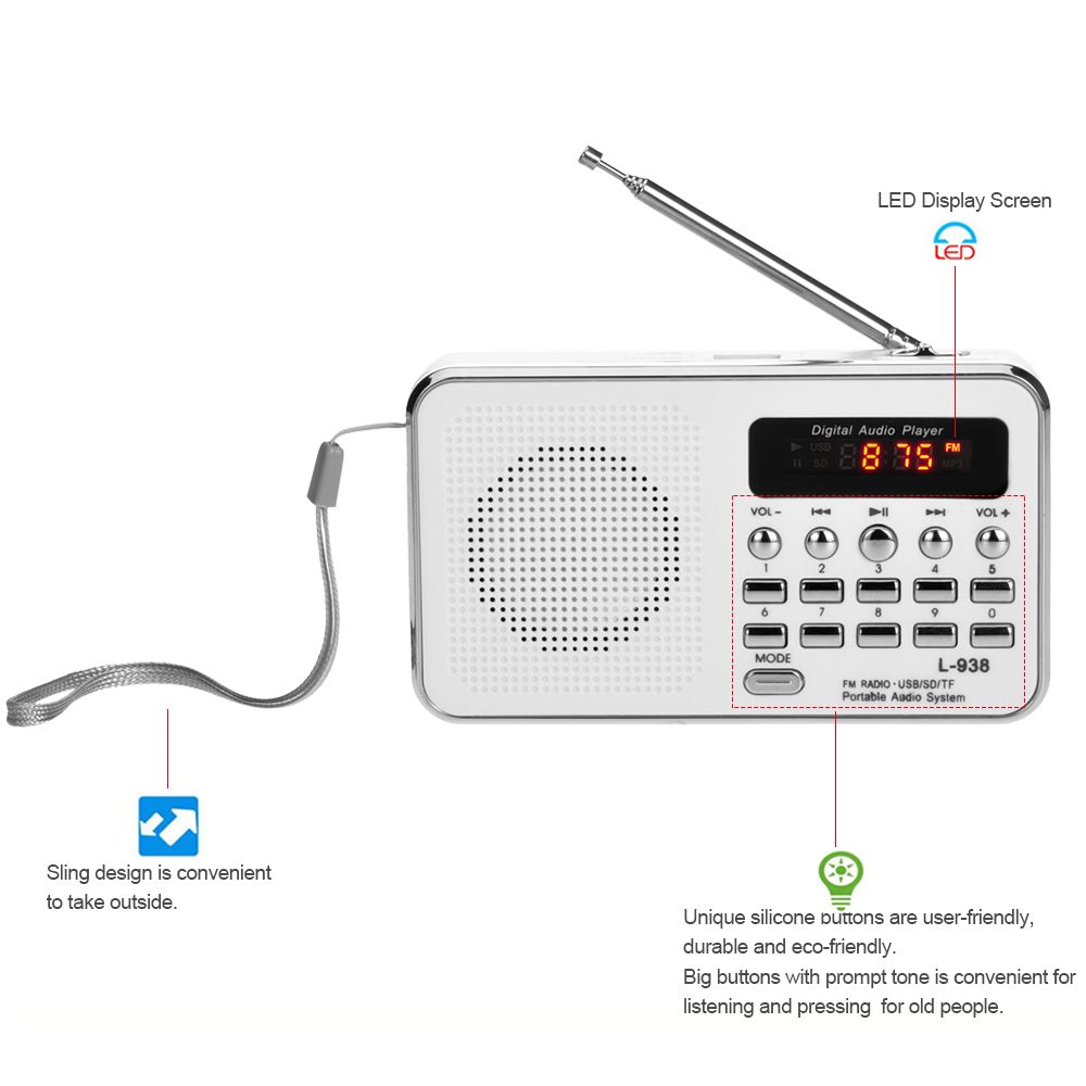 L-938 Mini FM Radio Digital Portable 3W Stereo Speaker MP3 A