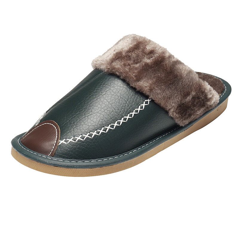 Men Spring Winter Home Slippers Leather Indoor Close Toe Warm House Flats Shoes Comfy（ + Best Discount） Navy Blue
